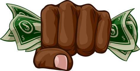 A hand in a fist squeezing cash money dollar bills. In a comic book pop art cartoon illustration style