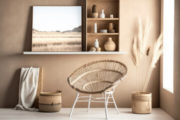 Fototapeta na wymiar Living room interior in boho style with wicker furniture, dry spikelets, rattan accessories. Modern hotel interior in Bali. Photorealistic illustration generative AI.