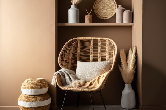 Living room interior in boho style with wicker furniture, dry spikelets, rattan accessories. Modern hotel interior in Bali. Photorealistic illustration generative AI.