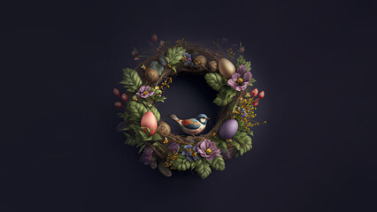 Obraz na płótnie Canvas 3D Render of Cute Bird Sitting On Floral Egg Nest Against Black Background And Copy Space.