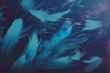 blue and white feathers falling background. AI generated