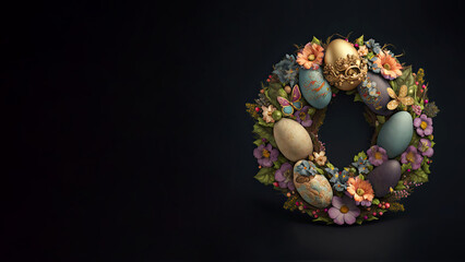 Obraz na płótnie Canvas 3D Render of Beautiful Butterflies, Floral Nest With Eggs Against Black Background And Copy Space.