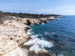 drone shot of Cape Kamenjak, a protected natural area on the southern tip of the Istrian peninsula in Croatia, Europe