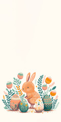 Naklejka na ściany i meble Flat Style Cute Bunny Character In Leaves Landscape With Eggs And Copy Space. Happy Easter Concept.