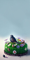 Easter Concept with Cute Bird With Eggs On Floral Circle Landscape Against Light Blue Background And Copy Space.
