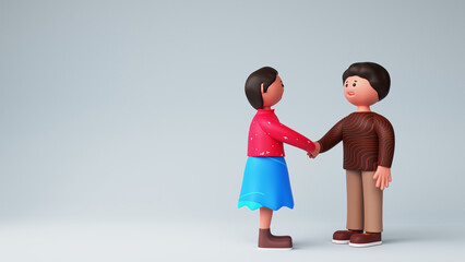 3D Render of Young Man And Woman Shaking Hands Together On Pastel Blue Background With Copy Space.
