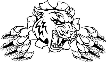 A tiger cartoon animal mascot tearing or ripping through the background