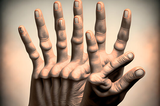 mutant caucasian human hand with abnormal amount of fingers, neural network generated art. Digitally generated image. Not based on any actual person, scene or pattern.
