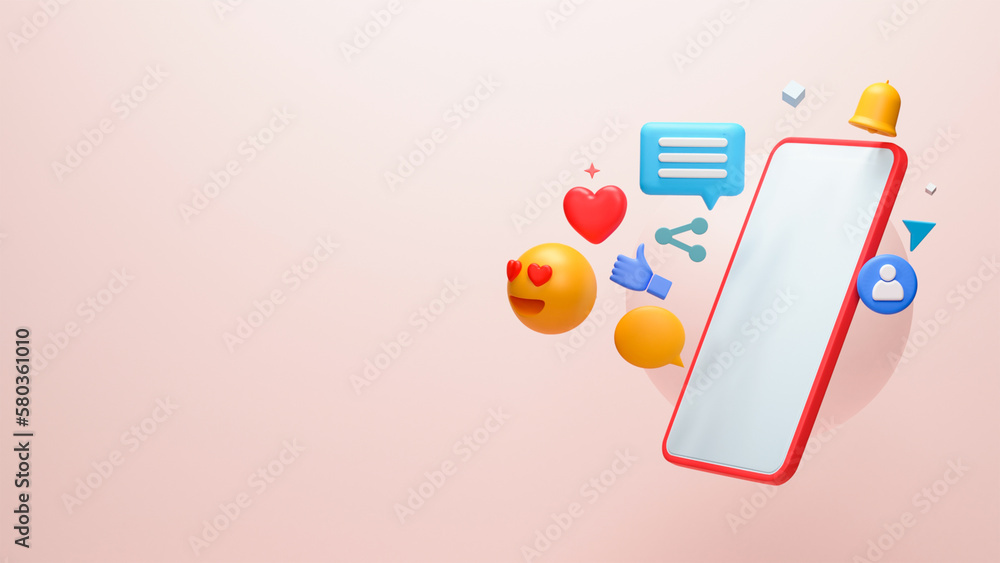 Poster 3d render of blank smartphone screen floating mockup with social media elements on pink background a