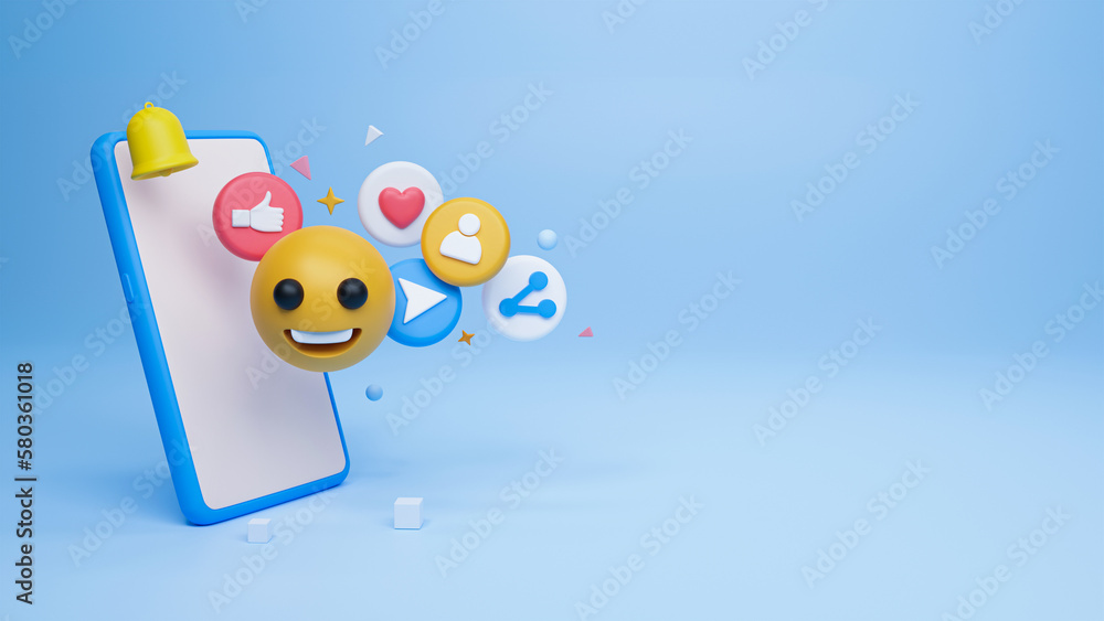 Poster 3d render of blank smartphone screen with floating social media elements on blue background and copy
