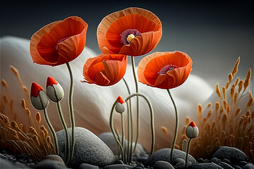 Poppies on a dark background, abstract. Minimalist postcard, closeup, generative AI.