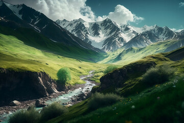 Fototapeta na wymiar Scenic View Of Georgia'S Caucasus Mountains With A Green Meadow, Grasslands, And Mountains, Fantastic Georgia Mountain Scenery On A Warm Summer Day, Generative Ai