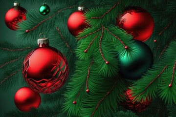 Green spruce branches, red glass balls. holidays and the new year. Generative AI
