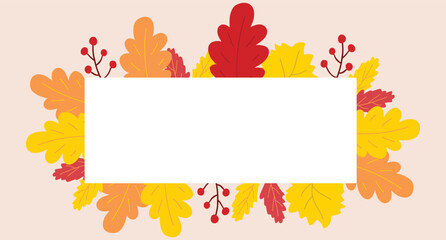 Autumn fall square vector frame. Yellow, orange and red leaves. Cute hand drawn harvest seasonal farmhouse illustration on white background