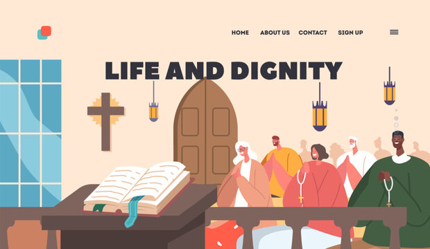 Life And Dignity Landing Page Template. Catholic Church Filled With People, Gathered For Worship Or Celebration