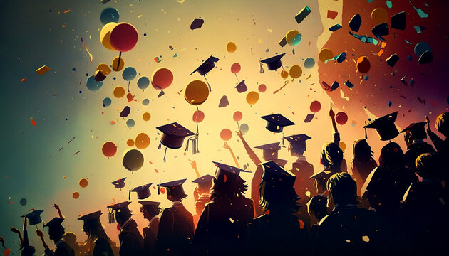Students throwing their graduation caps in the air. Sunny background. Illustration.