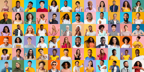 Fototapeta na wymiar Positive Emotions. Set Of Diverse Happy Multiethnic People Portraits Over Bright Backgrounds