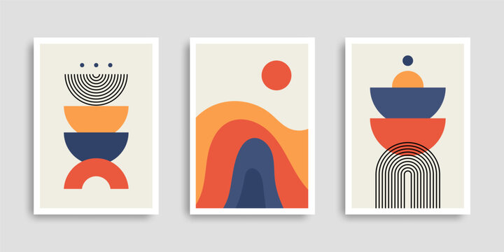 Set of abstract contemporary posters with geometric shapes. Collection of wall art. Modern boho minimalist art. Vector illustration. Design for print poster, cover, wallpaper. Stock.