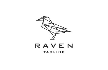 Raven bird line art logo icon design template flat vector