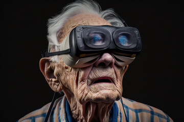 Generative AI image of senior man in virtual reality goggles