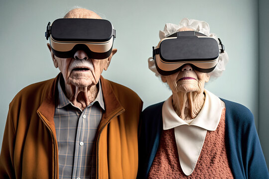 Generative AI of senior couple in virtual reality goggles and fancy clothes