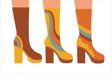 Set of woman legs in high heel boots. Female, girls  retro shoes. Stylish vintage footwear, old style. Trendy vector illustration. 60-s, 70-s style