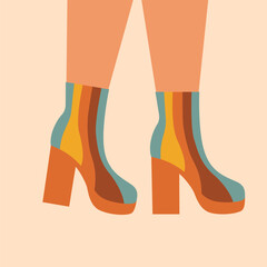 Woman high heel ankle boots. Pair of bright female, girls shoes. Glamour footwear. Retro, old style, vintage. Trendy vector illustration. 60-s, 70-s style.