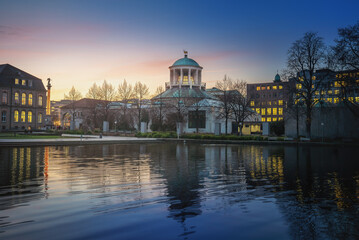 Kunstgebaude Art Building and Eckensee lake at sunset - Stuttgart, Germany