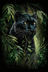 Black panter in dark tropical forest. Generative AI.