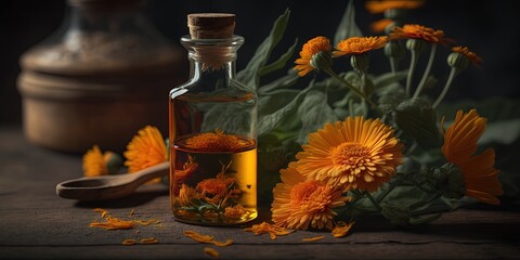 Glass bottle of calendula oil made from Calendula officinalis flowers, Generative AI - obrazy, fototapety, plakaty
