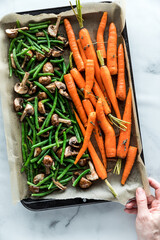 A one sheet pan of roasted vegetable, a great side dish with dinner.