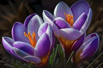 Purple Crocuses close-up view. Spring crocuses bloom. Spring flowers. Generative AI