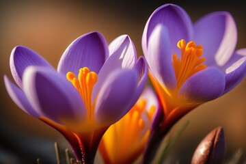 Fototapeta premium Purple Crocuses close-up view. Spring crocuses bloom. Spring flowers. Generative AI