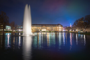Neues Schloss (New Palace) and Eckensee lake at night - Stuttgart, Germany