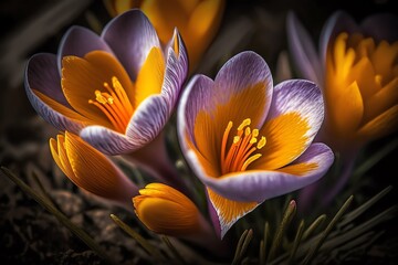 Obraz na płótnie Canvas Purple Crocuses close-up view. Spring crocuses bloom. Spring flowers. Generative AI