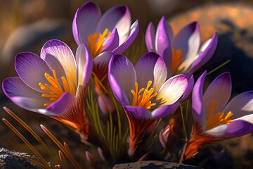 Purple Crocuses close-up view. Spring crocuses bloom. Spring flowers. Generative AI