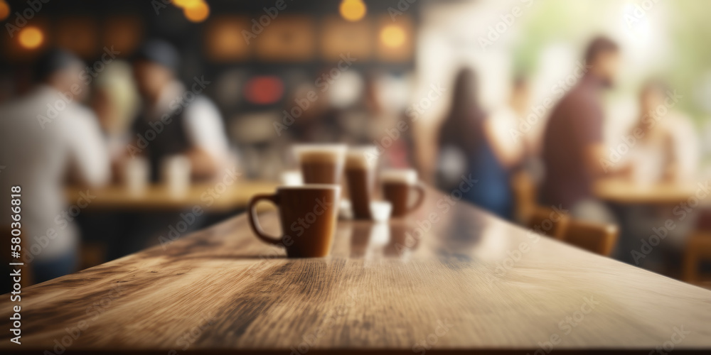 Poster an empty wooden counter table top for product display in a coffee shop or bar. generative ai