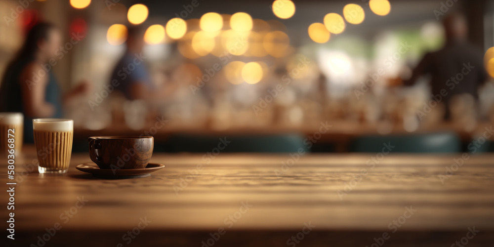 Poster an empty wooden counter table top for product display in a coffee shop or bar. generative ai