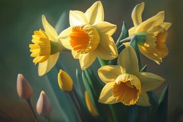 Fototapeta premium Yellow Daffodils close-up view. Spring Daffodils bloom. Spring flowers. Generative AI