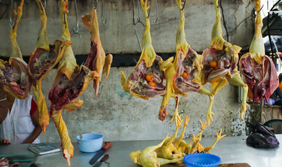 Fototapeta premium Ecuador, San Jose de coca. Slaughtered chickens in the Ecuadorian market. Traditional prepared pig heads.