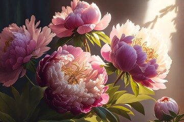 Pink peonies Close-up view. Spring flowers. Bloom love concept. Generative AI