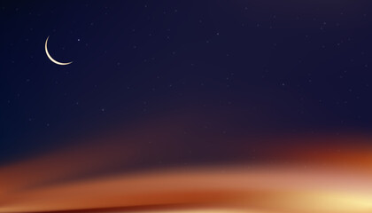 Obraz na płótnie Canvas Islamic greeting card,Ramadan Kareem design with Crescent Moon and Staron Sunset Sky background,Vector Religions Symbolic of Islam,Muslim for Ramadan Kareem,Eid Mubarak,Eid al Adha,Eid al Fitr