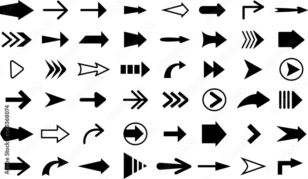 Poster black arrows icons, forward pointer graphic collection. slim arrow, directionality sign isolated ele