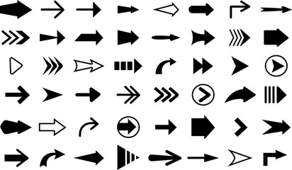 Black arrows icons, forward pointer graphic collection. Slim arrow, directionality sign isolated elements. Left right pointers, decent vector set