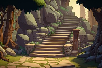 cartoon illustration, shows the stone steps and the wooden steps, ai generative