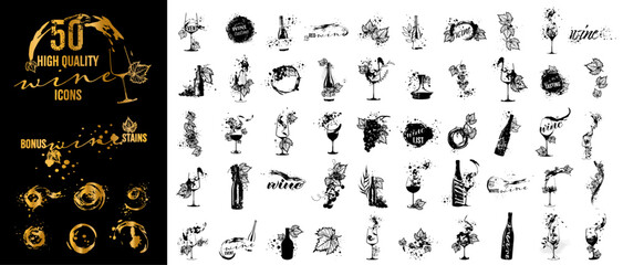 50 high quality wine icons set -  Art for menu, shop, market or sale. Bonus wine stains. Sketchy collection of grape leaves and different wine elements.