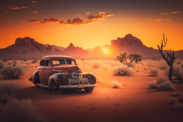 Fototapeta na wymiar A classic car parked on a deserted desert road at sunset, with a fiery orange sky in the background.