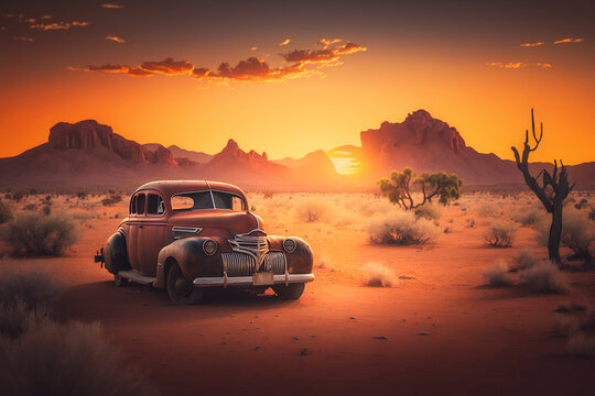 A classic car parked on a deserted desert road at sunset, with a fiery orange sky in the background.