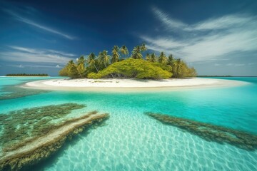 Beautiful tropical island in the Maldives with blue sky and sea for vacation backdrop in the natural world. Generative AI