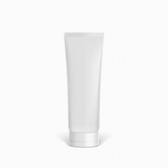 Empty clean 3d realistic mockup of tube with plastic shiny glossy cap of cosmetic cream gel, skin care product, toothpaste, shampoo bottle, medicine, pouch, mock-up template on isolated background